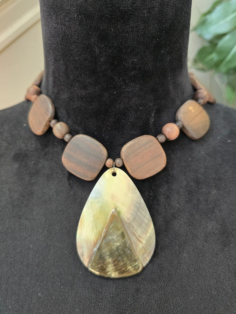 Brown Wood Bead Necklace Large Teardrop Shell Pendant Statement Jewelry